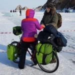 German biker lady in icecold winter