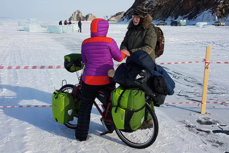 German biker lady in icecold winter
