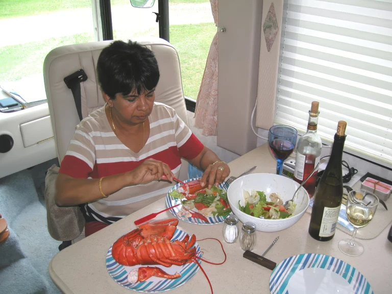 Enjoying lobster in our motrhome